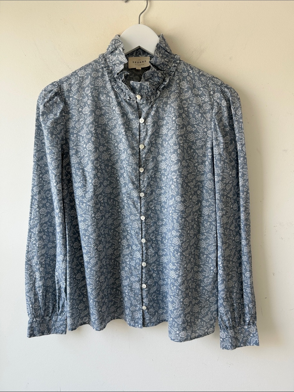 SEZANE Chemise Rox Bleu Floral Ruffle High-Neck Button Front Blouse Size 36